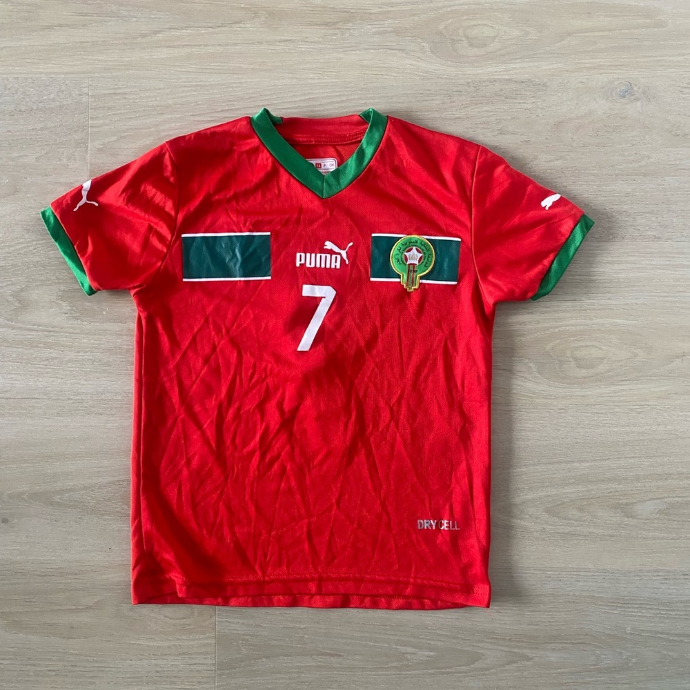 Kids Puma Red Morocco Soccer Jersey #7 with Green Trim